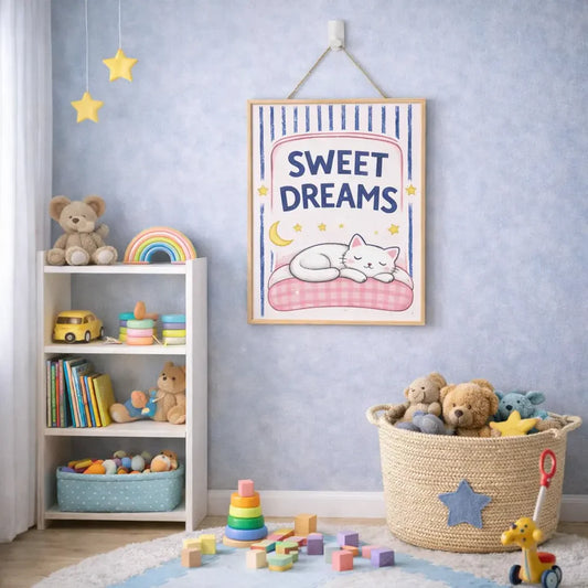 Sweet Dreams Sleeping Cat Kids Poster – Nursery Bedroom Wall Art