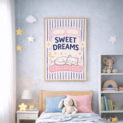 Sweet Dreams Sleeping Cat Kids Poster – Nursery Bedroom Wall Art