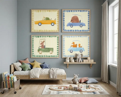 Cute Animals Driving Cars Nursery Posters – Kids Room Wall Art Set
