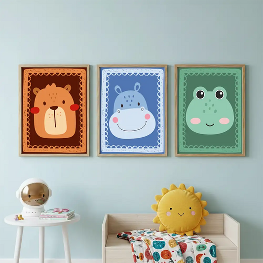Cute Animal Faces Cartoon Nursery Posters – Kids Room Wall Art Set