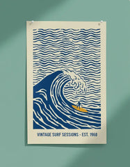 Blue Wave Surf Art Poster – Coastal Bedroom Living Room Wall Art