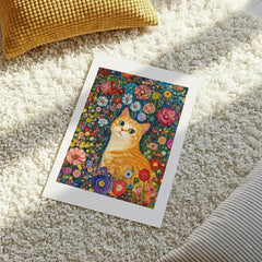 Whimsical Ginger Cat Floral Garden Art Poster