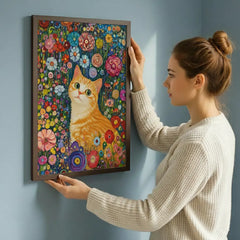 Whimsical Ginger Cat Floral Garden Art Poster