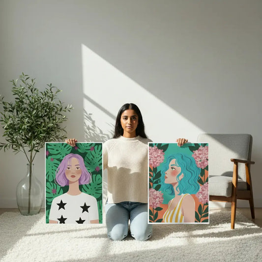 Modern Floral Female Portrait Poster – Illustrated Bedroom Living Room Wall Art