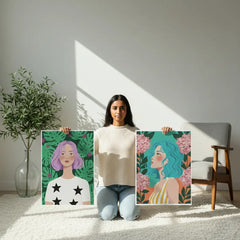 Modern Floral Female Portrait Poster – Illustrated Bedroom Living Room Wall Art