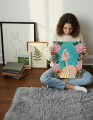 Modern Floral Female Portrait Poster – Illustrated Bedroom Living Room Wall Art