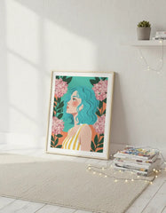 Modern Floral Female Portrait Poster – Illustrated Bedroom Living Room Wall Art