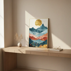 Golden Sun over Abstract Mountain Range Poster – Bedroom Living Room Wall Art