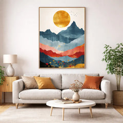 Golden Sun over Abstract Mountain Range Poster – Bedroom Living Room Wall Art