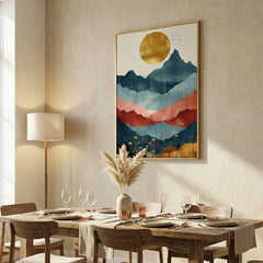 Golden Sun over Abstract Mountain Range Poster – Bedroom Living Room Wall Art