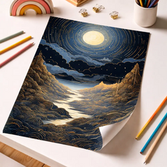 Celestial Moonlight River over Golden Mountains Poster – Bedroom Living Room Wall Art