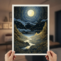 Celestial Moonlight River over Golden Mountains Poster – Bedroom Living Room Wall Art
