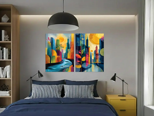 Vibrant Geometric City and Nature Art Poster – Modern Bedroom Living Room Wall Art