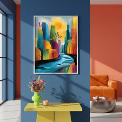 Vibrant Geometric City and Nature Art Poster – Modern Bedroom Living Room Wall Art