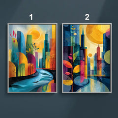 Vibrant Geometric City and Nature Art Poster – Modern Bedroom Living Room Wall Art