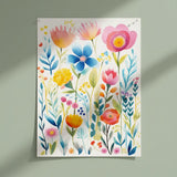 Vibrant Wildflower Garden Watercolor Art Print – Bedroom Living Room Wall Art