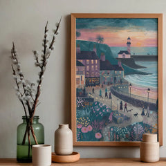Coastal Village Scenery Illustration Poster – Bedroom Living Room Wall Art