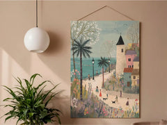 Coastal Village Scenery Illustration Poster – Bedroom Living Room Wall Art
