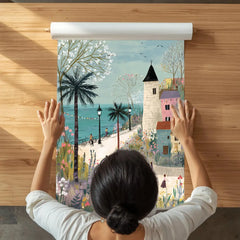 Coastal Village Scenery Illustration Poster – Bedroom Living Room Wall Art