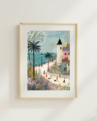 Coastal Village Scenery Illustration Poster – Bedroom Living Room Wall Art