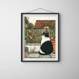 Country Garden Cats Illustration Poster – Botanical Bedroom Living Room Wall Art