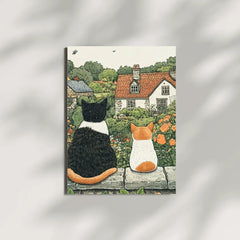 Country Garden Cats Illustration Poster – Botanical Bedroom Living Room Wall Art