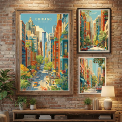 Chicago City Street Life Illustration Poster Set – Bedroom Living Room Wall Art