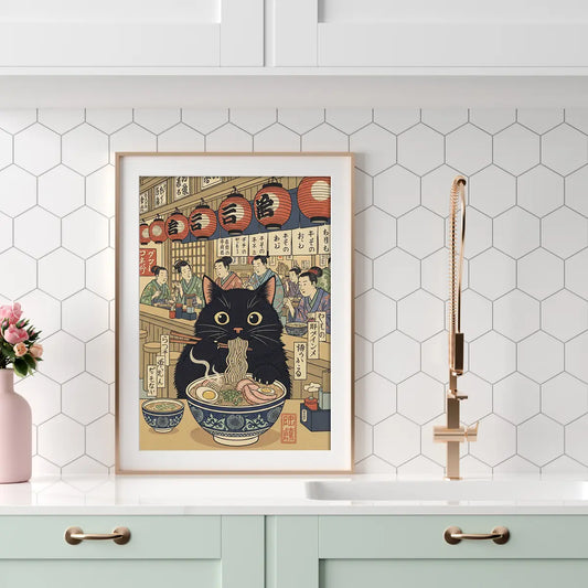 Black Cat Eating Ramen Japanese Ukiyo-e Style Poster