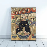 Black Cat Eating Ramen Japanese Ukiyo-e Style Poster – Bedroom Kitchen Wall Art