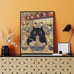 Black Cat Eating Ramen Japanese Ukiyo-e Style Poster – Bedroom Kitchen Wall Art