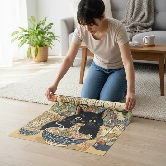 Black Cat Eating Ramen Japanese Ukiyo-e Style Poster – Bedroom Kitchen Wall Art