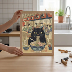 Black Cat Eating Ramen Japanese Ukiyo-e Style Poster – Bedroom Kitchen Wall Art