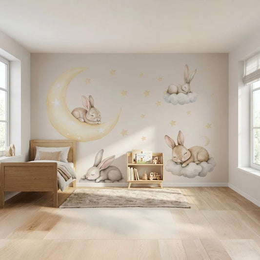 Sleeping Bunny Moon Wall Sticker – Cute Rabbit Clouds Decal