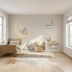 Sleeping Bunny Moon Wall Sticker – Cute Rabbit Clouds Decal