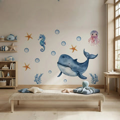 Whale and Sea Friends Ocean Wall Sticker Set – Nursery Kids Room Removable Decal