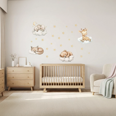 Sleeping Animals on Clouds Wall Sticker Set – Nursery Kids Room Removable Decal