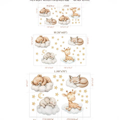 Sleeping Animals on Clouds Wall Sticker Set – Nursery Kids Room Removable Decal