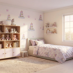 Pastel Unicorn on Clouds Nursery Wall Sticker Set – Girls Room Removable Decal