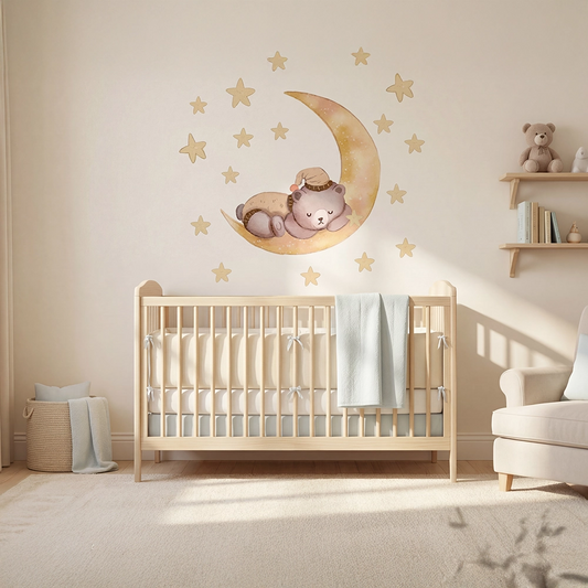 Sleeping Bear on Moon Nursery Wall Sticker with Stars
