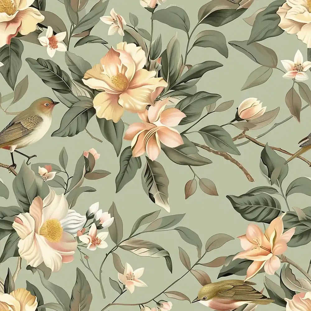 Soft sage green botanical blossom and bird removable wallpaper for bedroom or living room walls