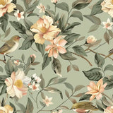 Soft sage green botanical blossom and bird removable wallpaper for bedroom or living room walls