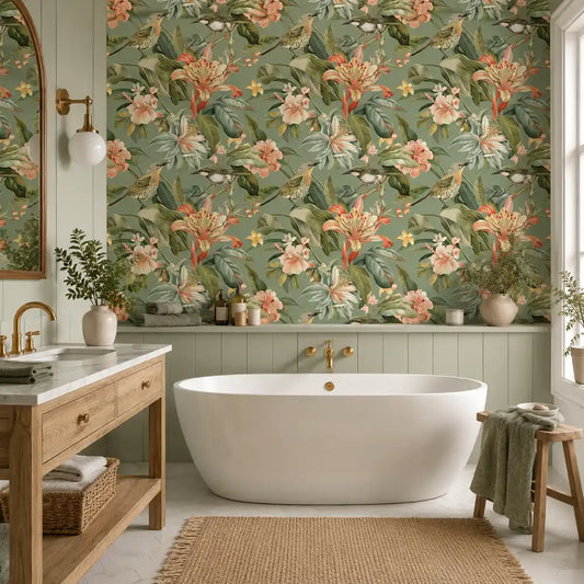 Sage green botanical garden bird peel-and-stick wallpaper for peaceful bedroom or living room