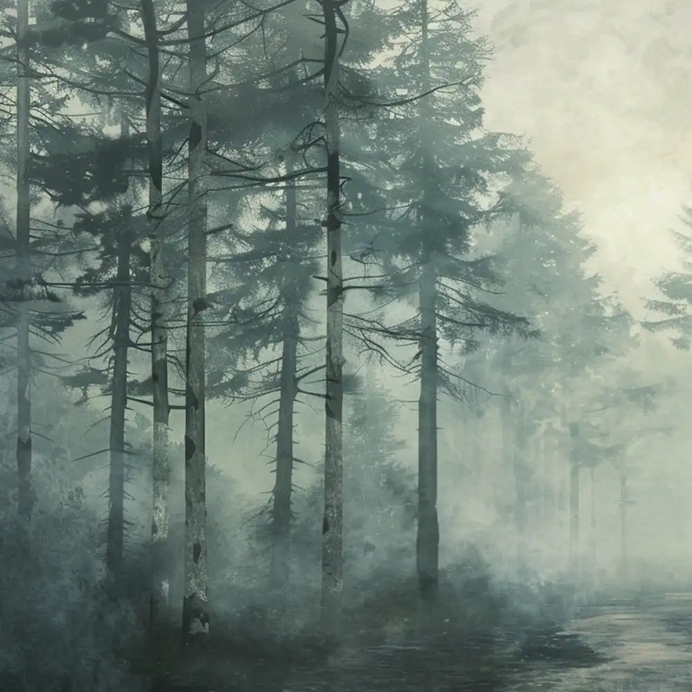 Misty sage green forest morning atmosphere peel-and-stick large wall mural for bedroom