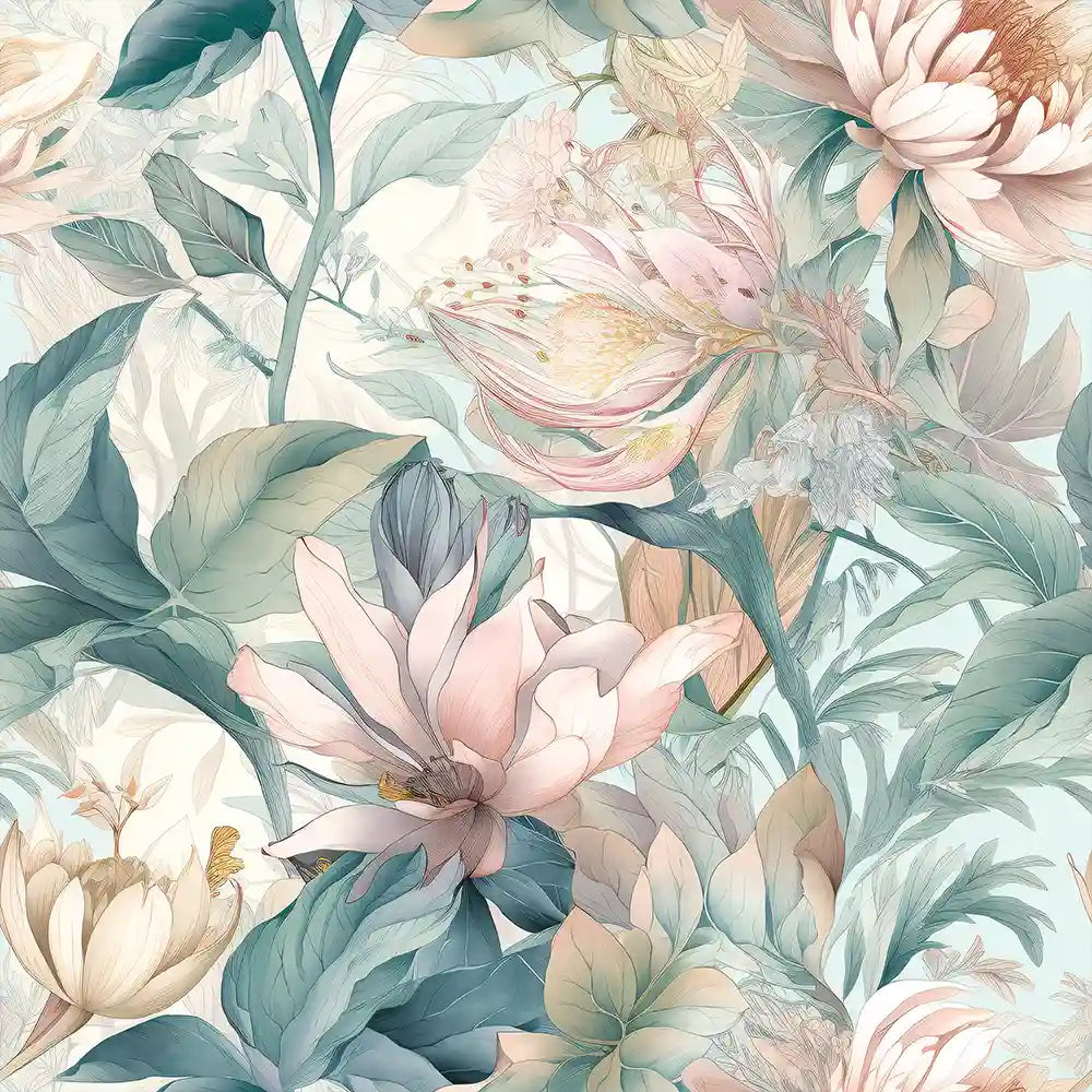 Sage green pastel botanical floral peel-and-stick wallpaper for serene bedroom or living room