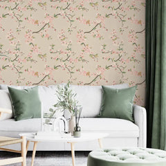 Blush Cherry Blossom Wallpaper – Romantic Peel-and-Stick Bedroom Living Room Design