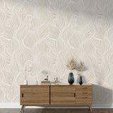 Neutral Beige Leaf Minimal Wallpaper – Modern Peel-and-Stick Bedroom Office Design
