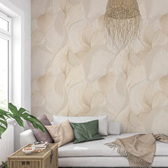 Modern Neutral Botanical Wallpaper – Minimal Peel-and-Stick Bedroom Office Design