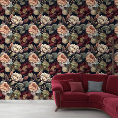 Moody Peony Botanical Wallpaper – Dark Peel-and-Stick Bedroom Accent Wall Design
