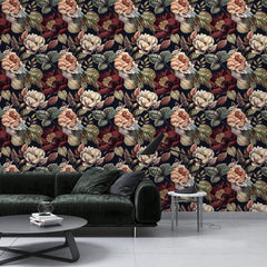 Moody Peony Botanical Wallpaper – Dark Peel-and-Stick Bedroom Accent Wall Design