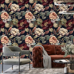 Moody Peony Botanical Wallpaper – Dark Peel-and-Stick Bedroom Accent Wall Design